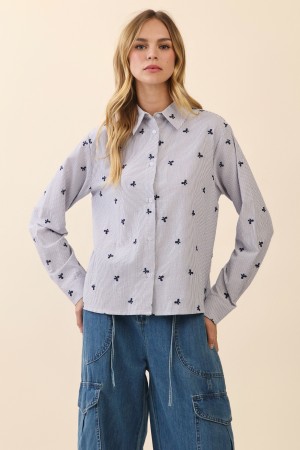 C1251<br/>BOW EMBROIDERED BUTTON DOWN SHIRT