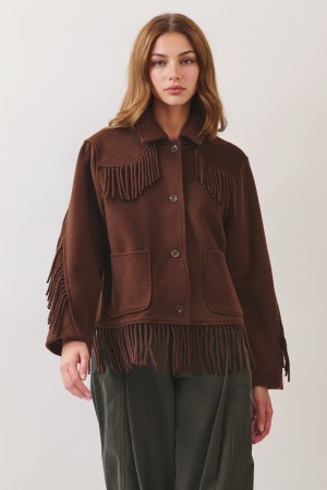 C2127<br/>WOOL BLEND FRINGE SPREAD COLLAR LONG SLEEVE JACKET
