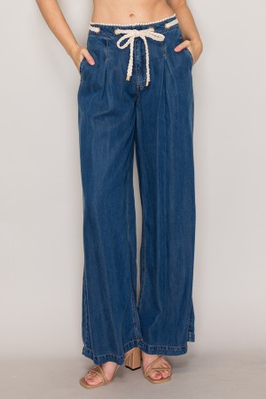 C6076<br/>CROCHET BELTED TRIM WIDE DENIM PANTS