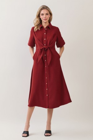 C7495<br/>PLEATED BUTTON FRONT TIED WAIST DRESS