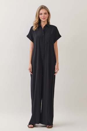 C7506<br/>CLASSIC COLLAR SHORT-SLEEVE WIDE-LEG JUMPSUIT